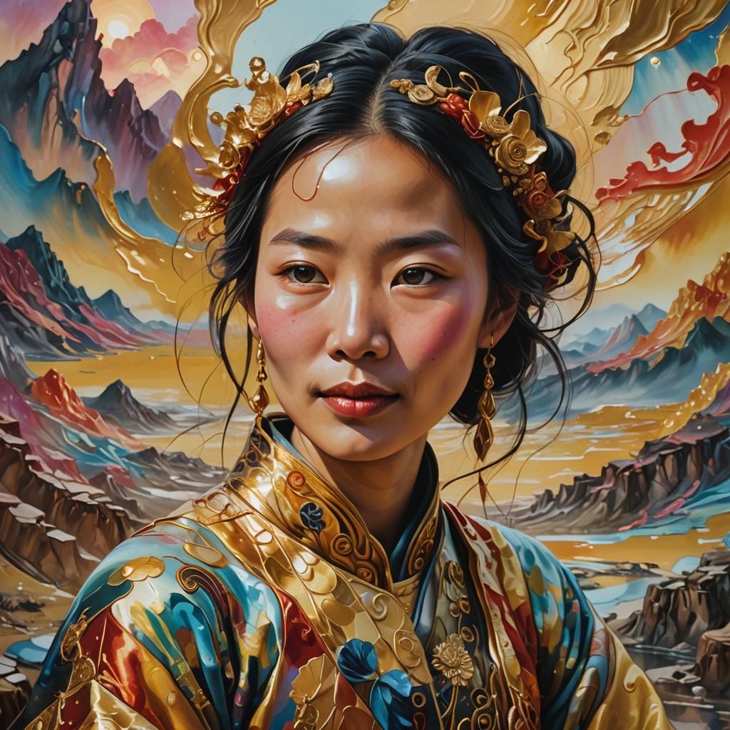 A portrait of an East Asian woman with an enigmatic smile in...