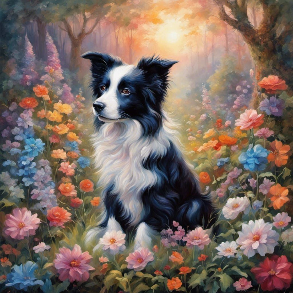 Border Collie in a fairytale garden - enchanted forest (pastel colours ...