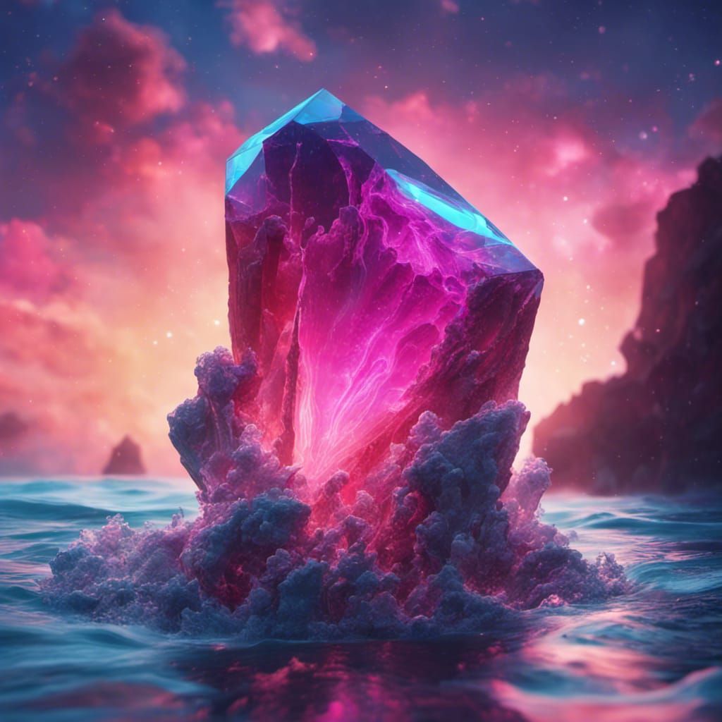 a giant gemstone crystal in the ocean, neon glow inside, long exposures ...