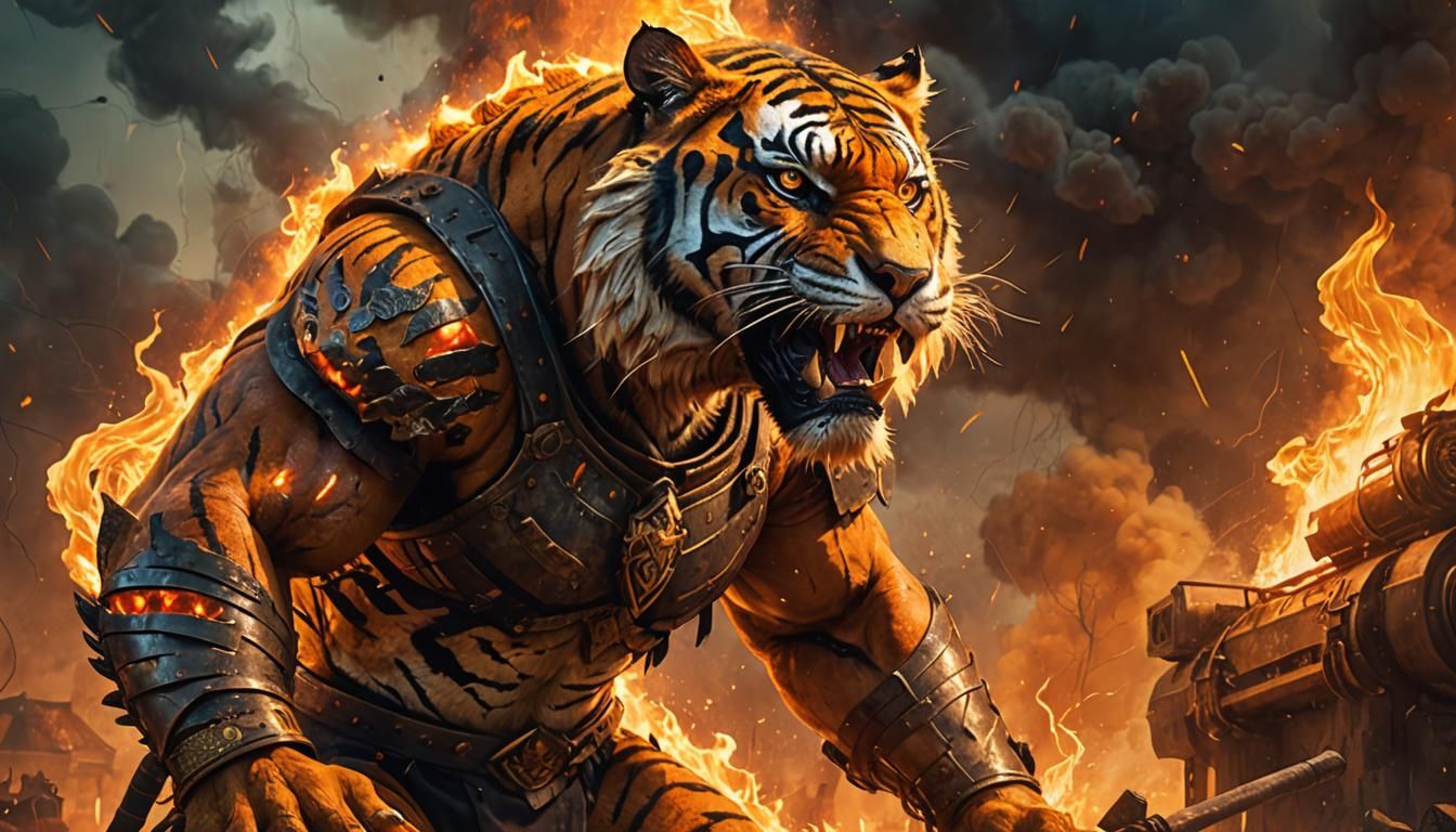 Tiger Gladiator Amidst Fire and Smoke: Concept Art