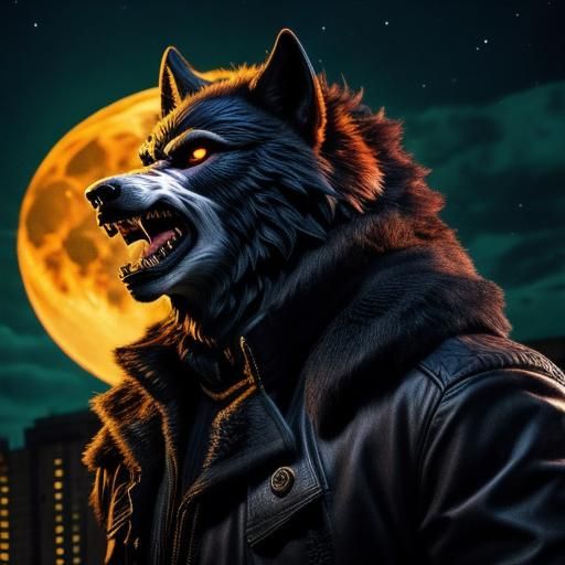 <lora:Fierce Werewolf SD:0.7>Photorealistic portrait of a Powerful anthropomorphic werewolf  under the moonlight in a city 