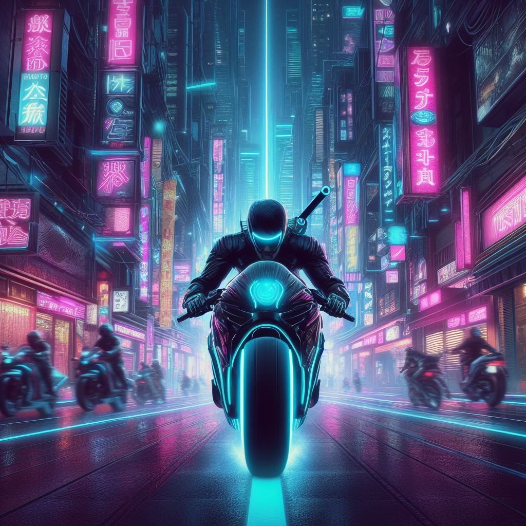 Ninja riding through futuristic Tokyo