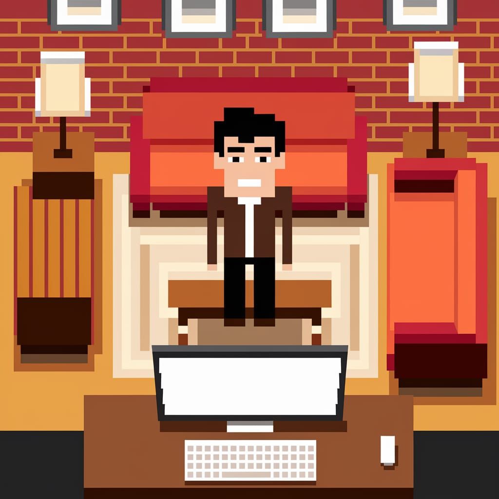 A top down view of a pixelated image of a man standing in a living room with a red couch, a wooden coffee table, and a desk with a computer ...