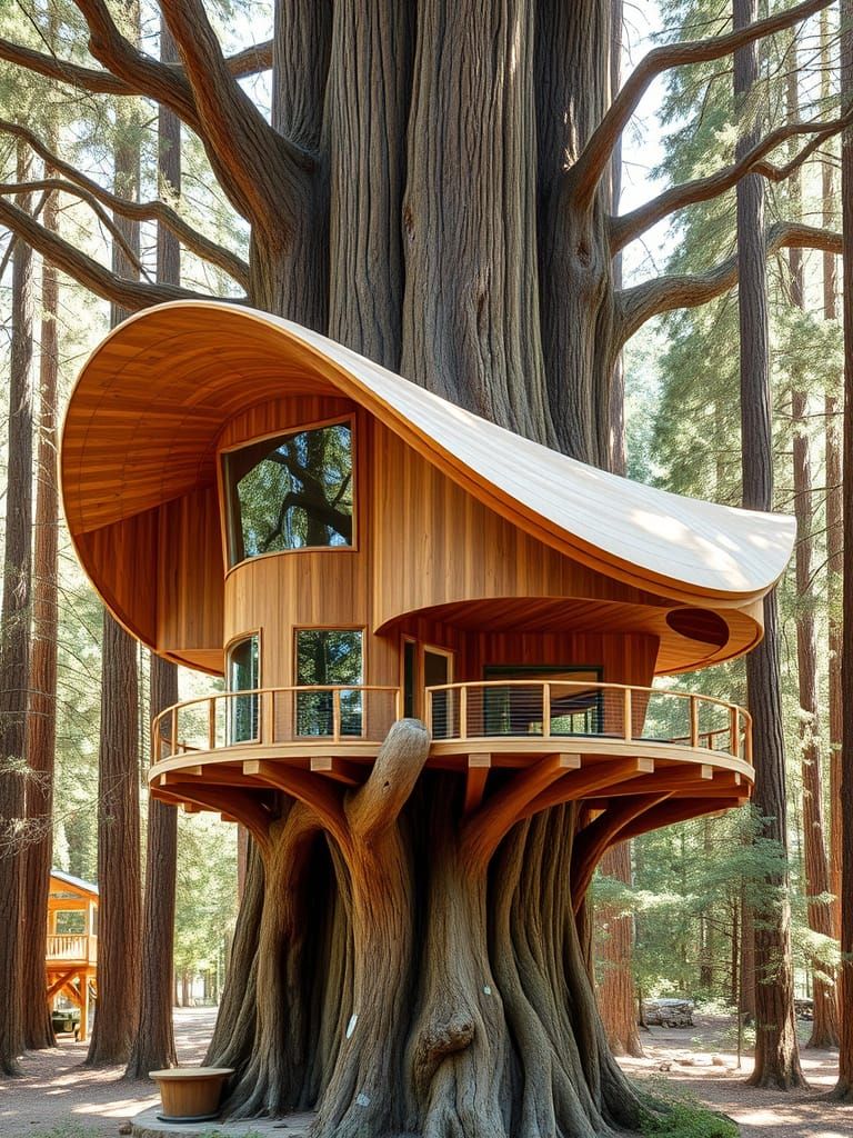 Massive natural curved form treehouse in a giant california redwood tree,  natural wood construction ...  by @beepbeep
