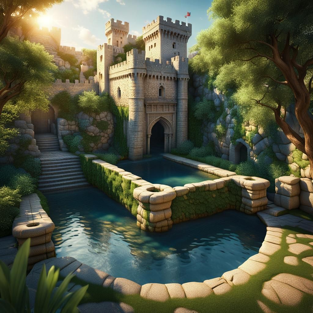 Fantasy Castle Pool Jump in Matte Painting Style