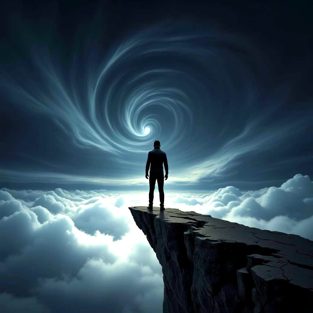 A lone figure stands on the edge of a dizzyingly high cliff, gazing down at a swirling vortex of clouds and mist below. The cliff face is ja...