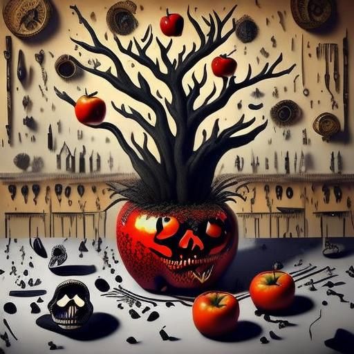 🍎☠️💀 one big red apple on a lab table, with a needle jamme...
