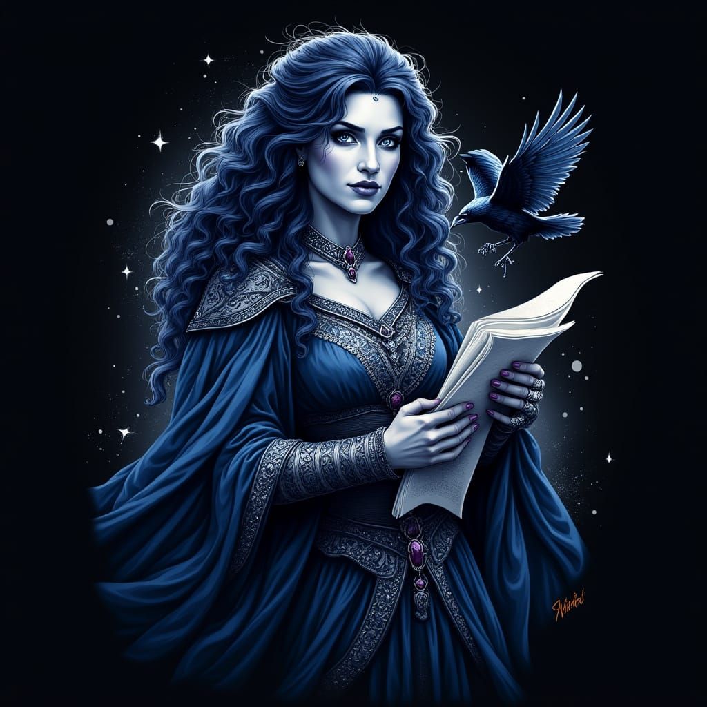 T-shirt design of a dwarven queen from the Tolkien universe, dark curly hair, majestic yet scholarly expression. She wears ornate dwarven ro...