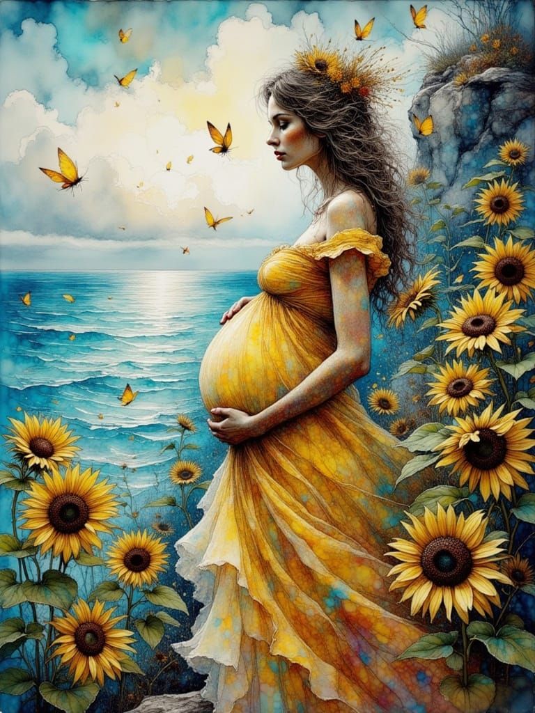 With Child and Sunflowers  by @A Secret McDaniel