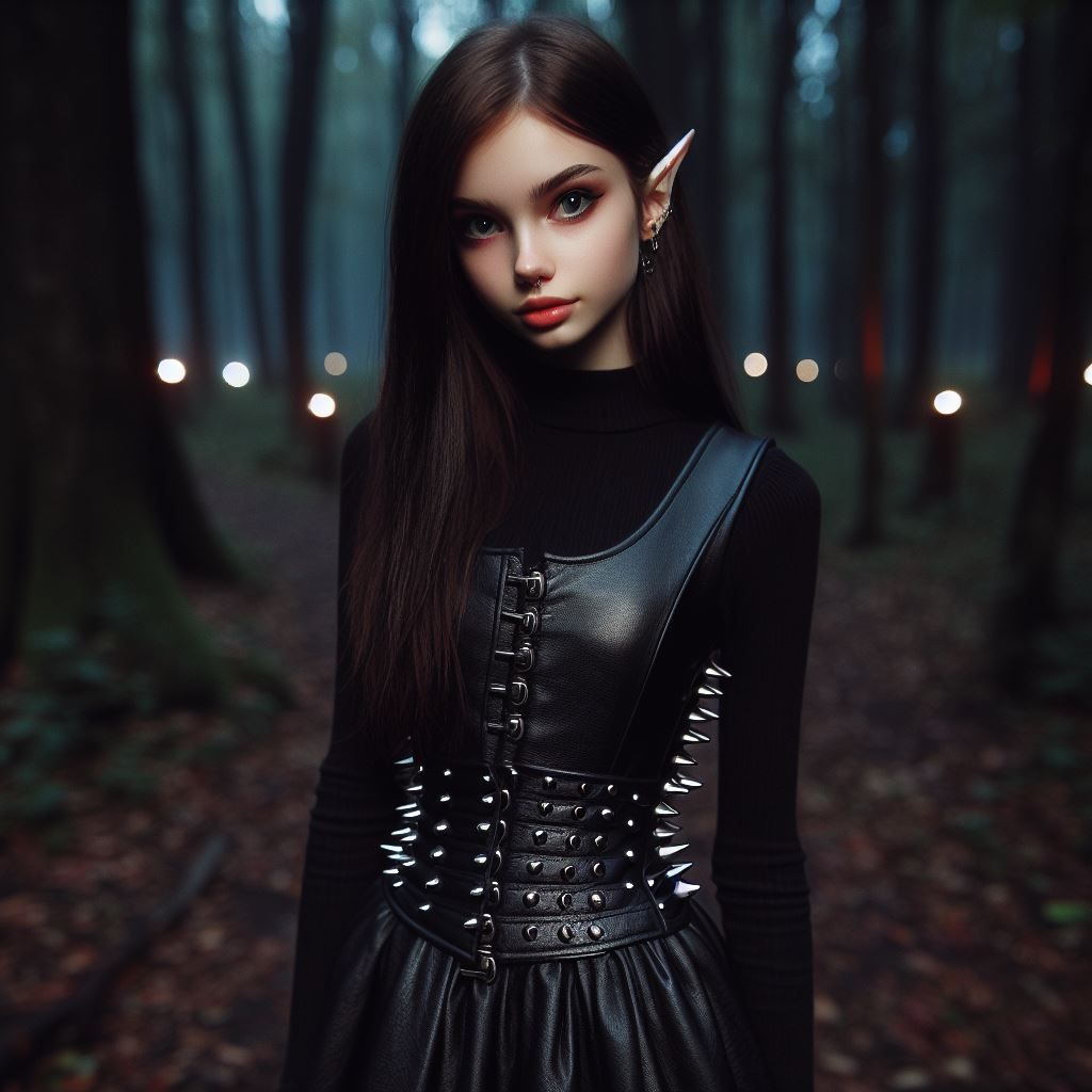 A young she-elf in a dark forest