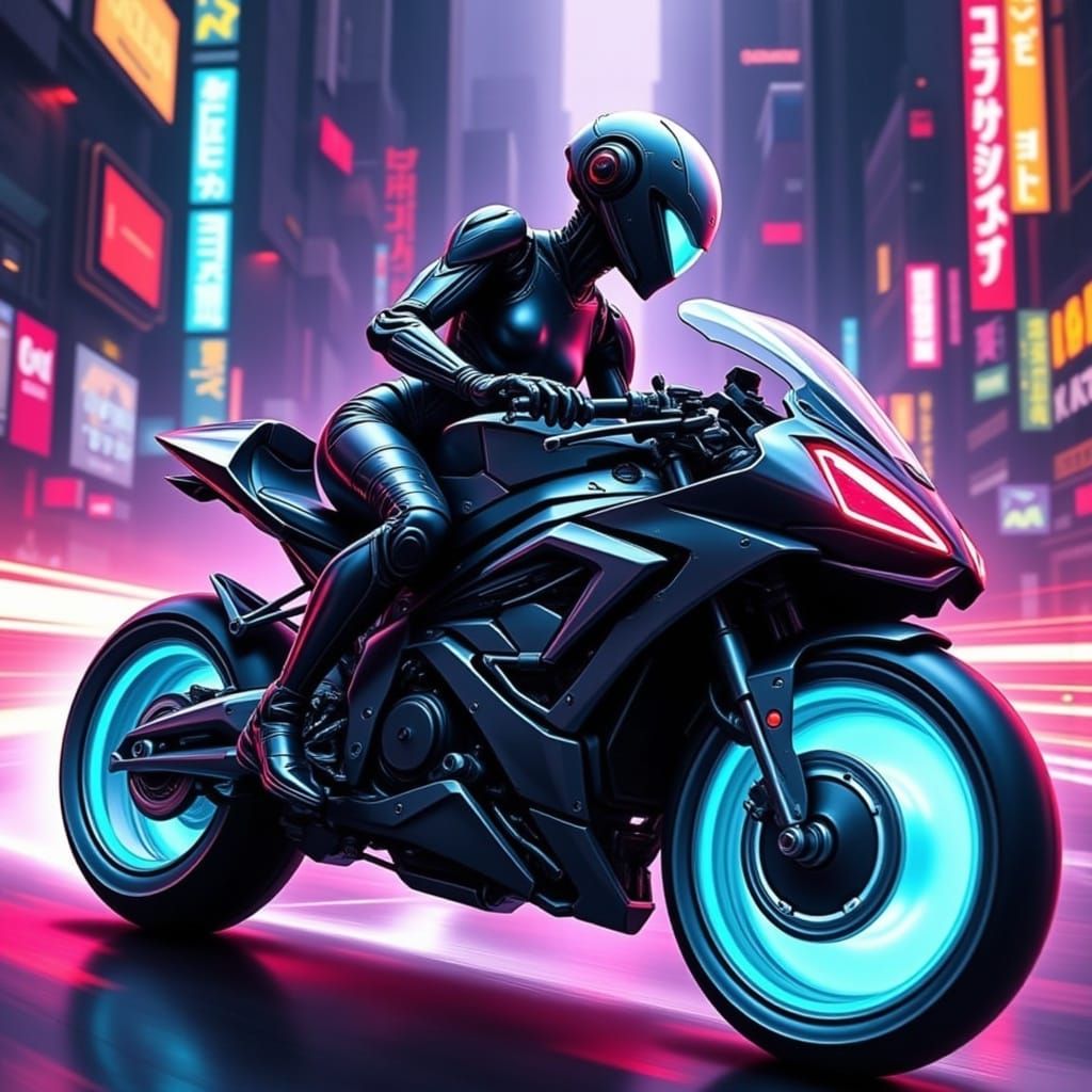 Cyberpunk Warrior Speeds Through Neon City