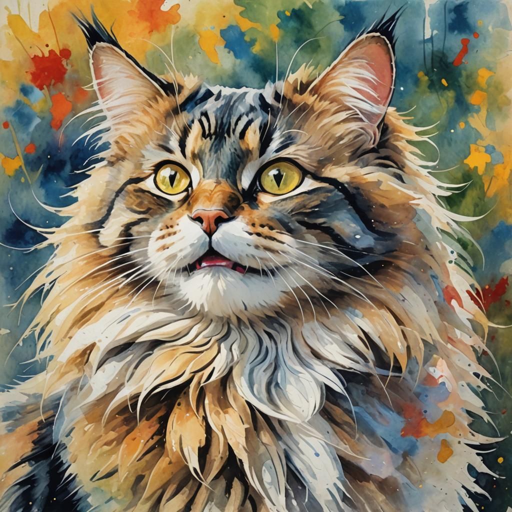 Happy Longhair Cat in Gouache Watercolor Style