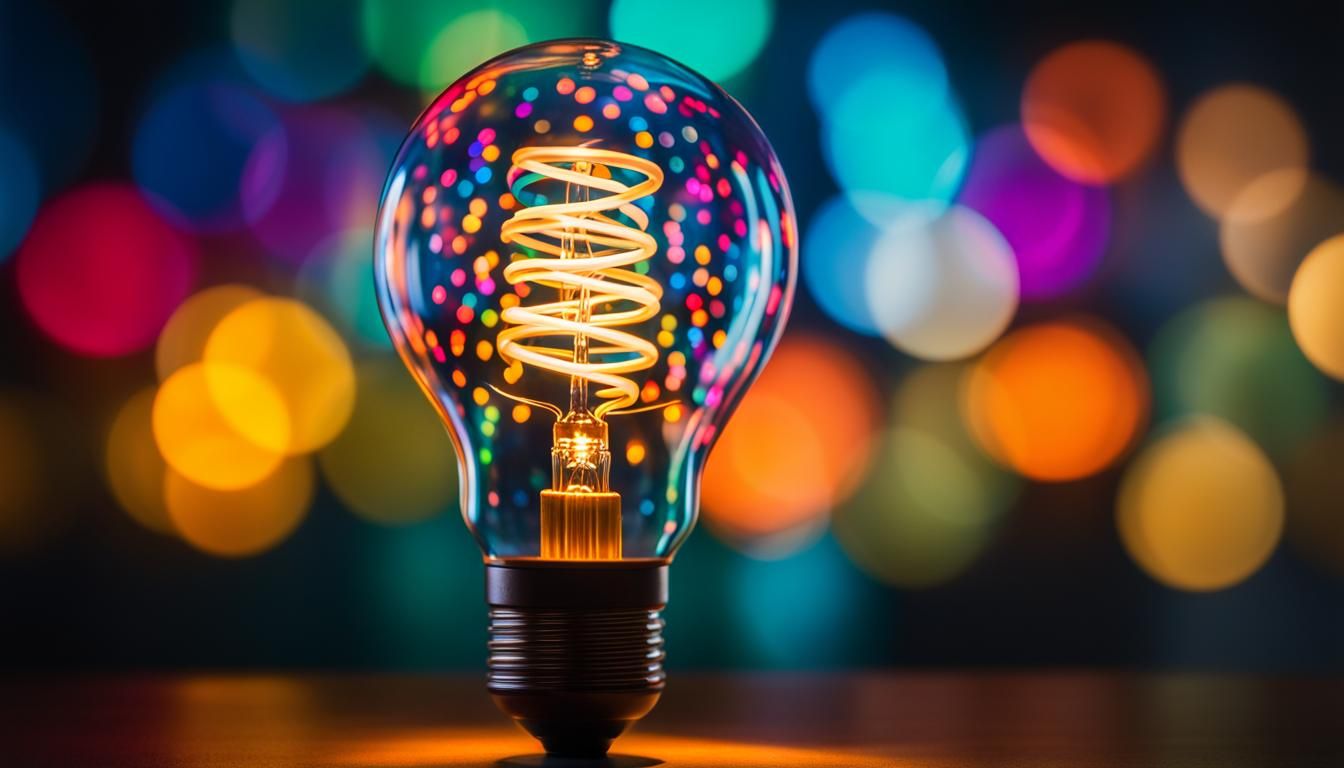 a colorful glowing idea bulb lamp, visualization of brainsto...