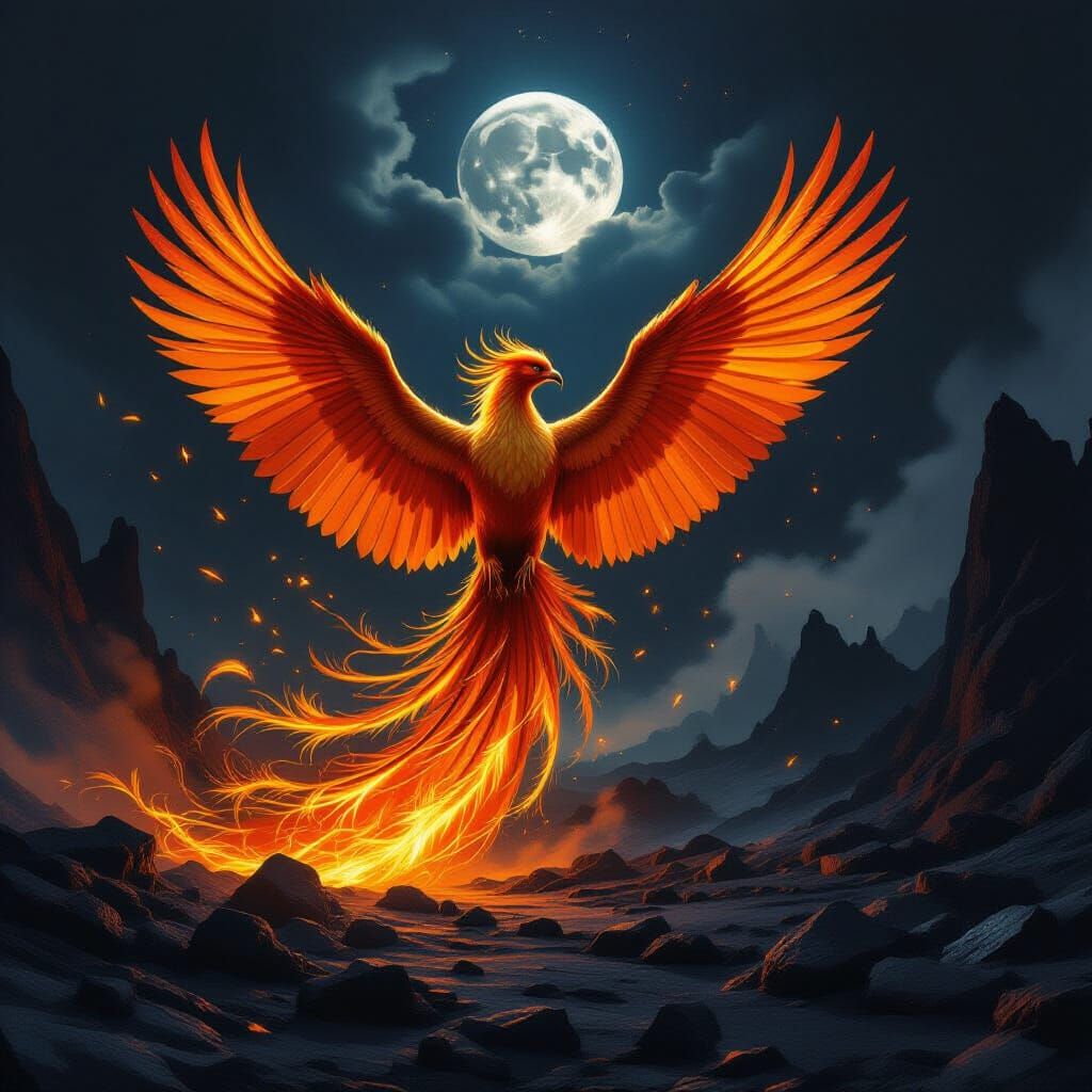 A majestic phoenix, its plumage a cascade of molten gold and fiery crimson, erupts from a desolate, obsidian landscape. Crystalline shards o...