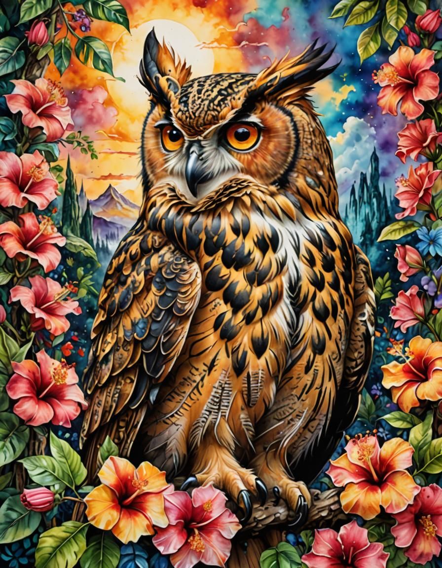 Vibrant eurasian eagle owl amongst hibiscus flowers, tropica...
