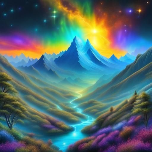 <lora:Vibrant Landscapes:1.0> A glowing mountain covered in waterfalls
