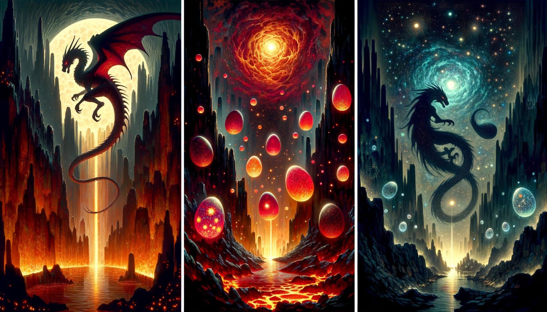 Triptych Dragon and eggs