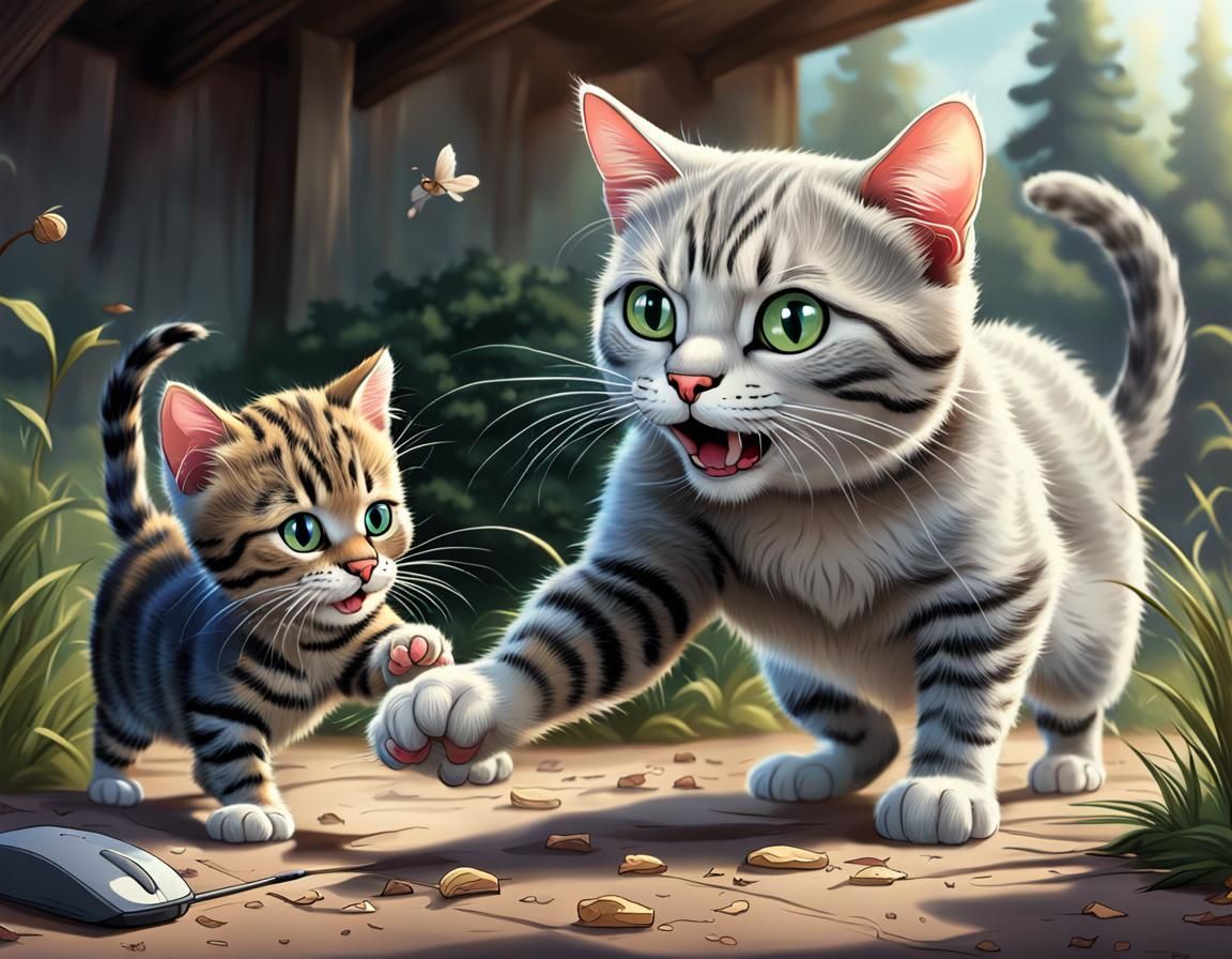 A cartoon mother cat teaching her kitten to hunt a mouse AI Generated