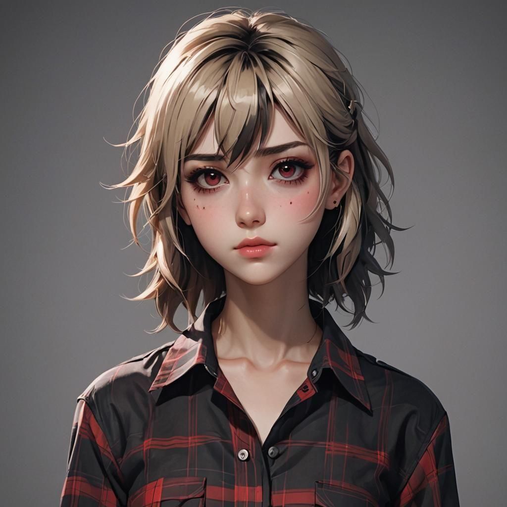 Girl short mullet dark brown hair dyed half blonde , hazel eyes, dark eyeshadow, black fingernails, cropped button up red and black plaid 
s...