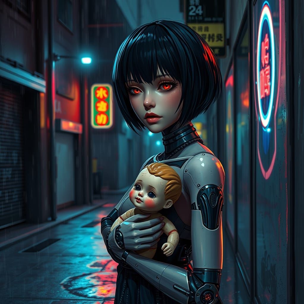 Cyborg Woman with Doll in Neon Alley