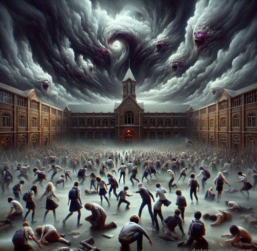 Creepy horror art creation of a chaotic gothic landscape With screaming evil cosmic deity skulls in the sky almost like ...