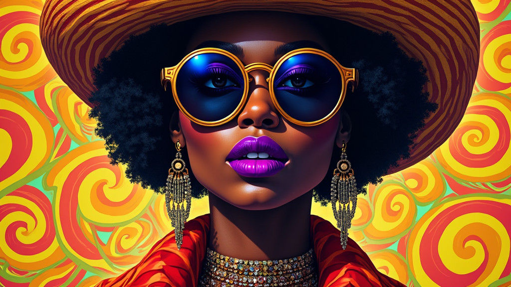 A portrait of an exotic black woman with purple lipstick, we...