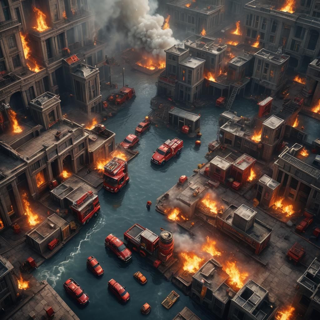 Photo-realistic,fire brigade extinguishes with lots of water...