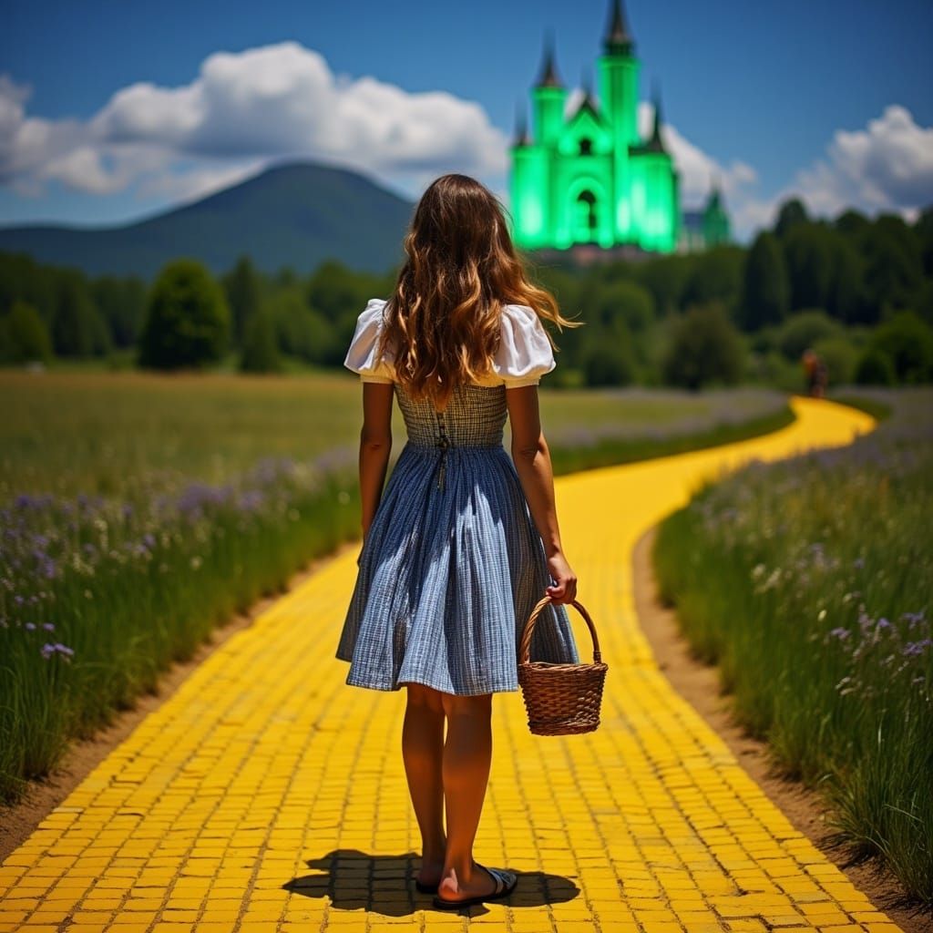 <lora:FreeRain Flux:1.0>  Dorothy from The Wizard of Oz, standing on the yellow brick road, holding her basket and looking up at the sparkl...