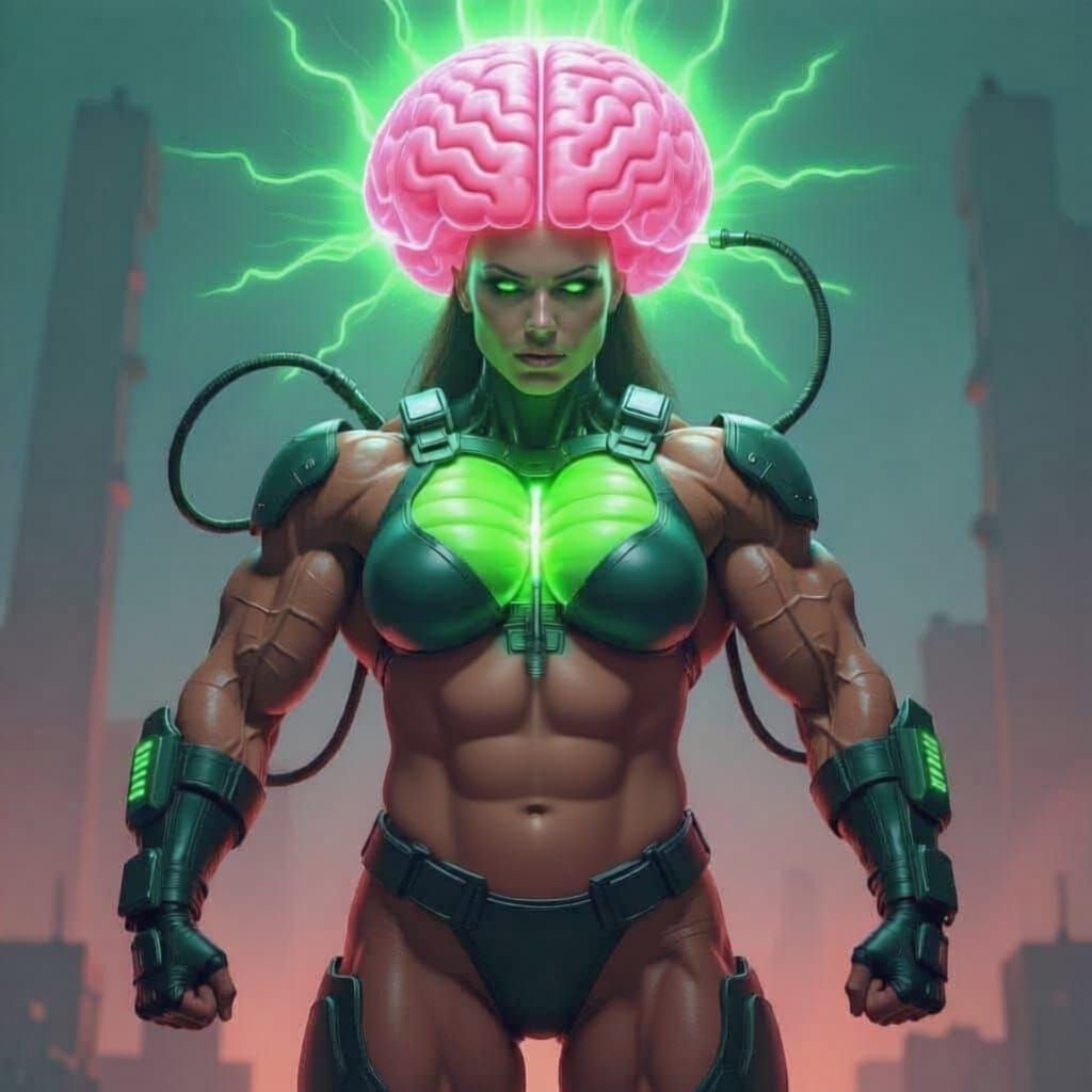 A hyper-muscular female bodybuilder with a massive physique has a suit attached to her body. Multiple tubes from the suit inject a luminous ...