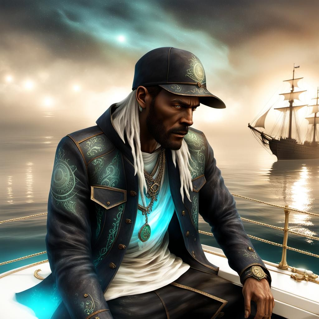 A massive, ethereal ghost ship sailing through a glowing, misty ocean under a star-filled night sky. The ship has tall masts with tattered s...