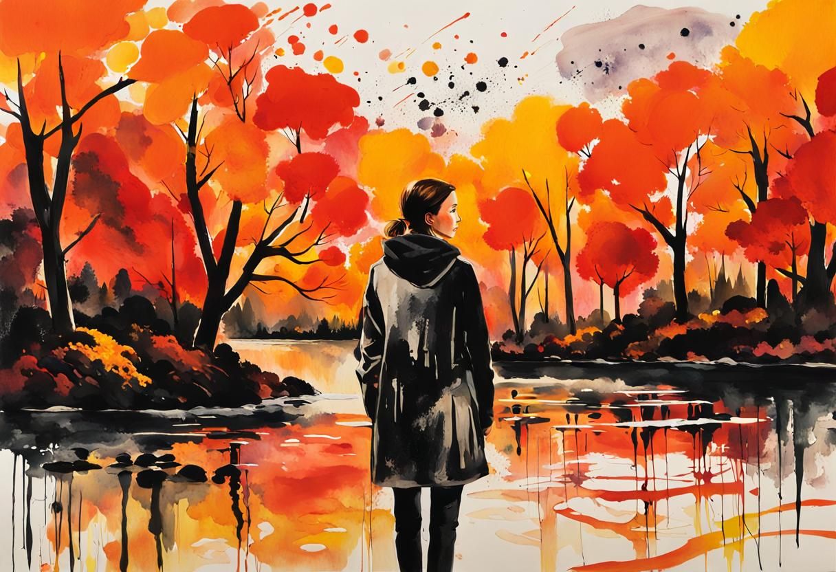 A woman standing in front of an autumn landscape, surrounded by vibrant trees in shades of orange, red, ...  by @Ishya