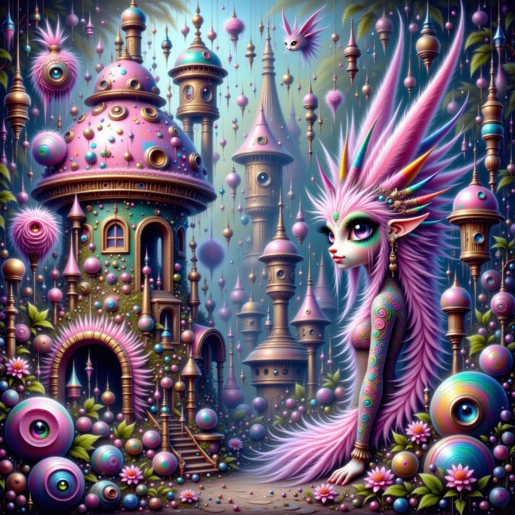 Vibrant, pastel rainbow fluffy creatures with large, shimmering multicolored eyes, inhabiting an intricately designed Epic Birdhouse Castle,...