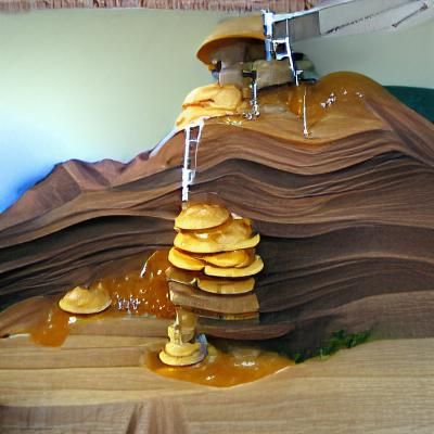 Pancake mountain with syrup waterfall