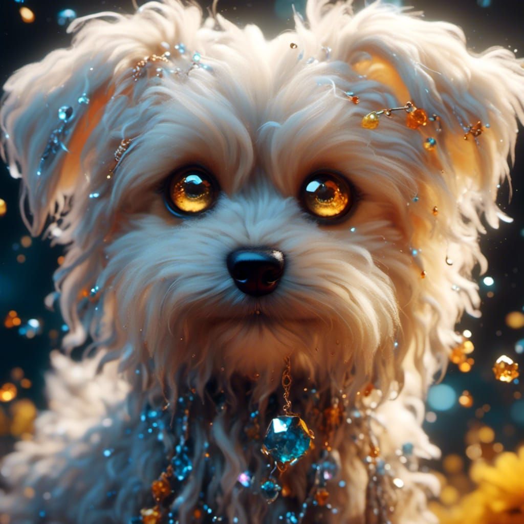  <lora:3d Chibi Imagination:1.0>closeup Cute closeup on a fluffy dog oil painting sparkly crystal detailed dog yellow eyes