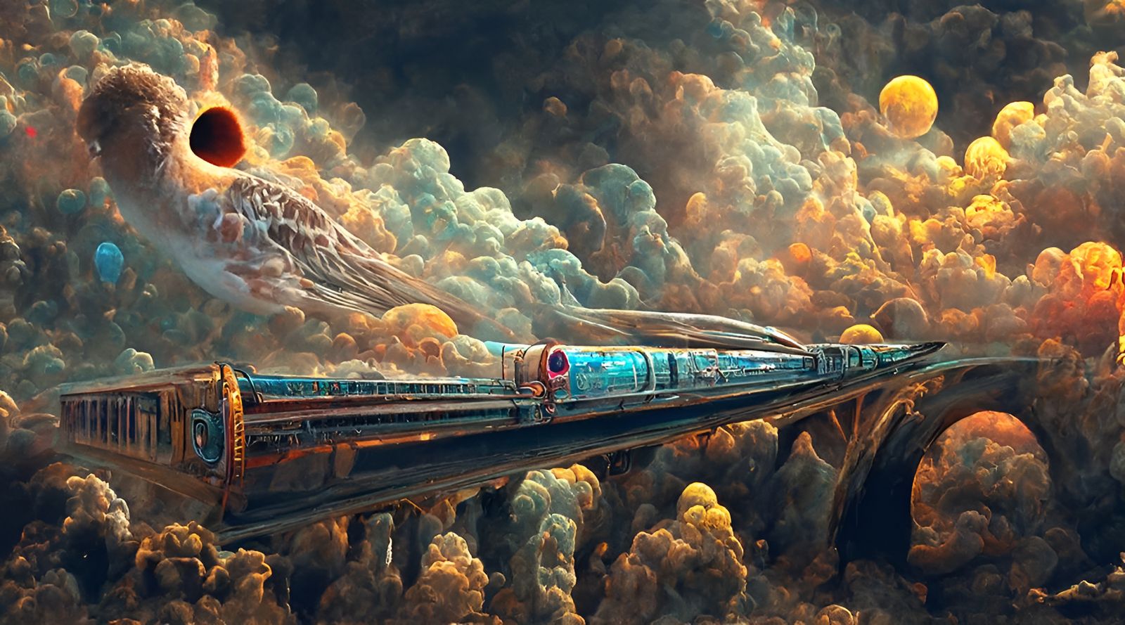 a supersonic train going to a nebula