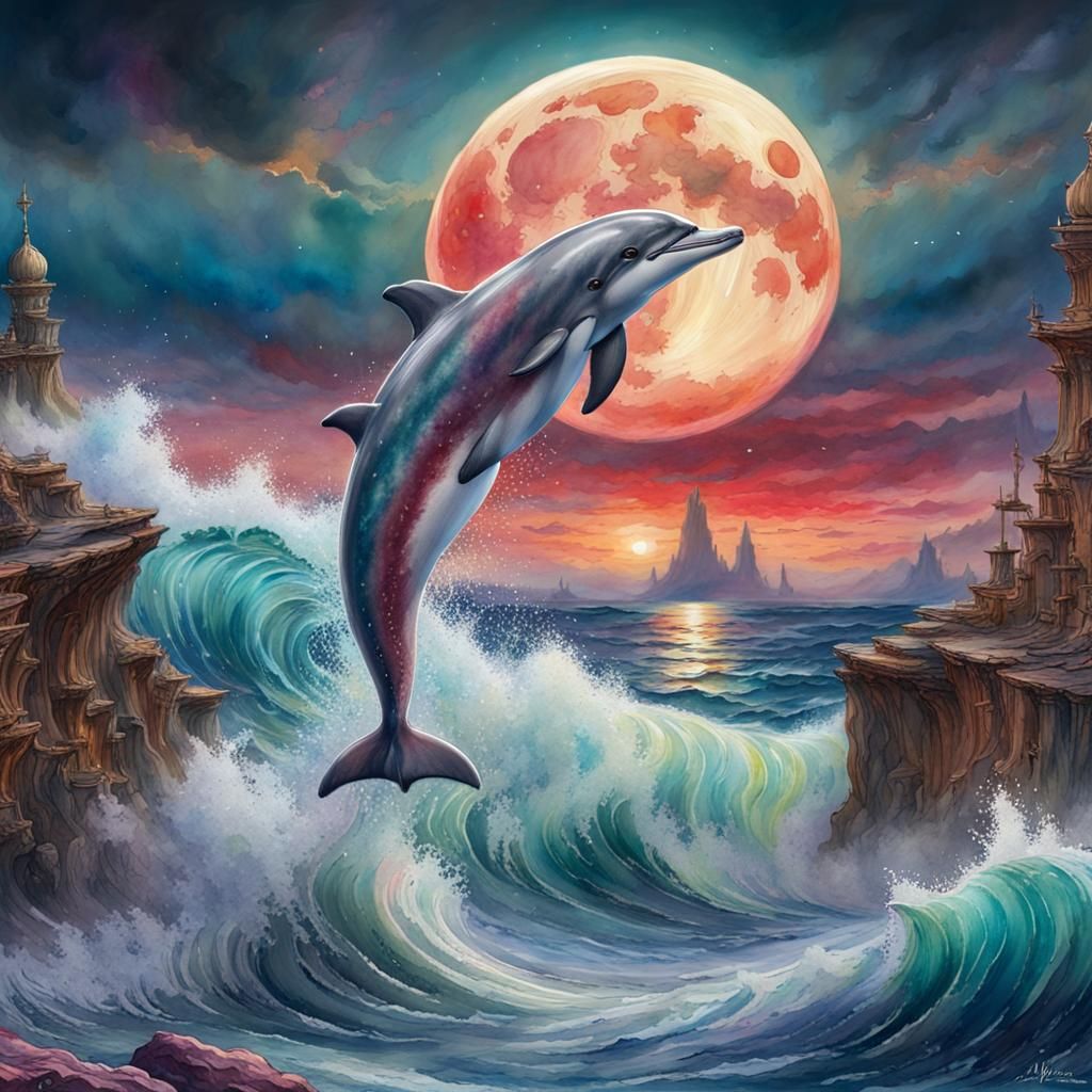 Bloodmoon dolphin seascape splashy Watercolour