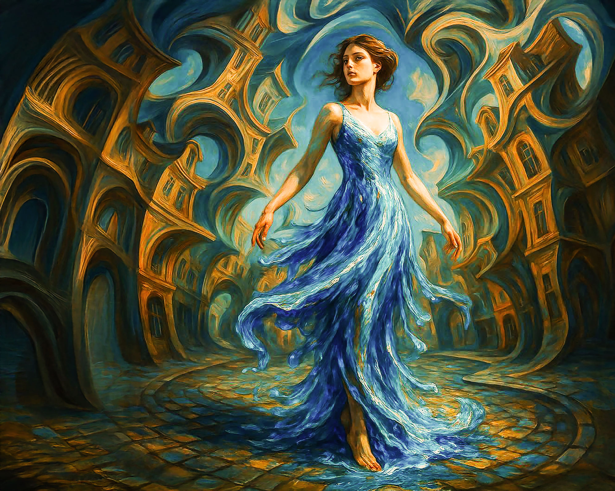 a woman in a slinky black dress stands in a fantastical cityscape. a whimsical cartoon style, flowing dark  hair, purple night sky dotted wi...