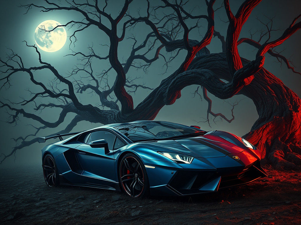 Crashed Blue Sports Car in Futuristic Digital Art