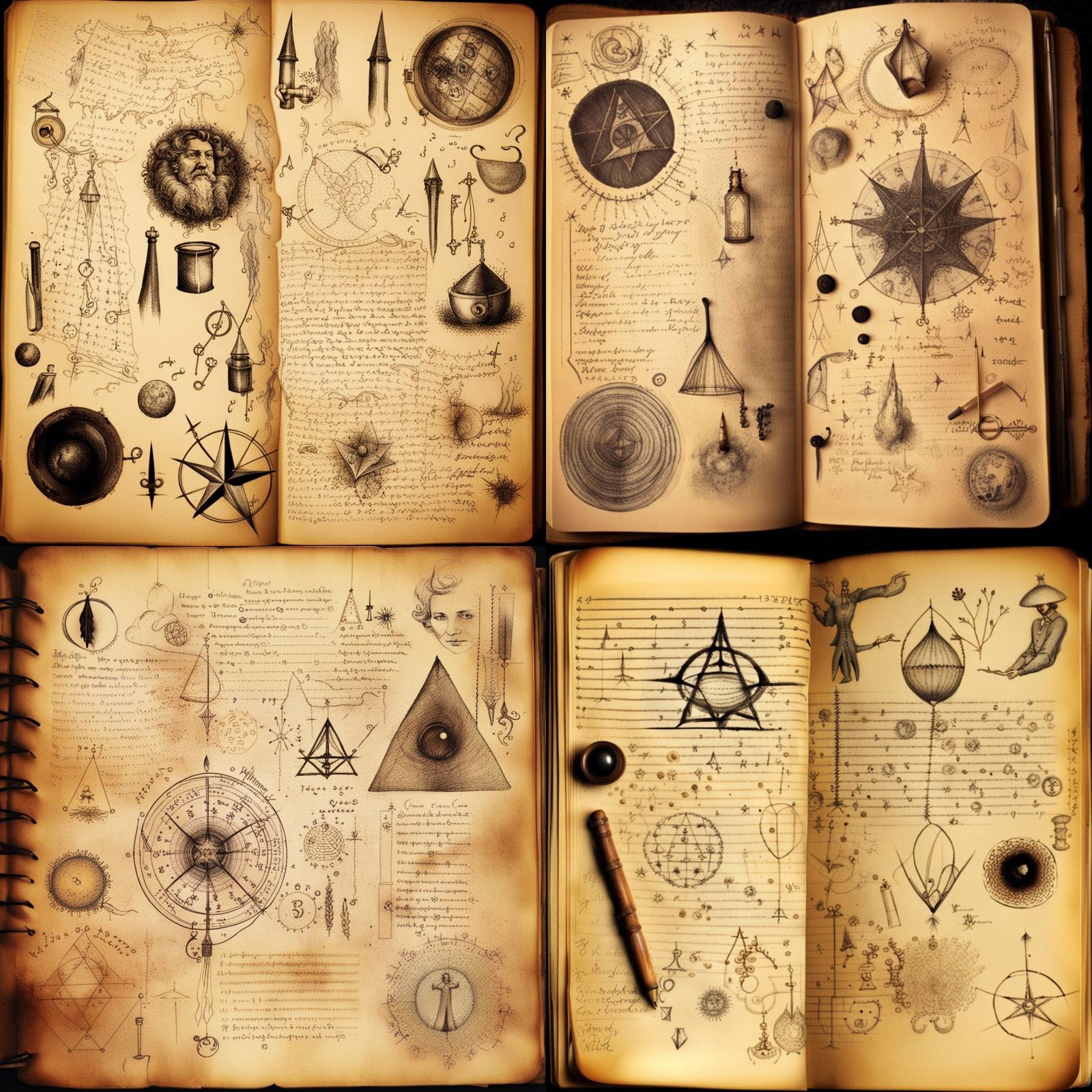 Craft image from a witch's notebook: Sketches, diagrams, spell formulae ...