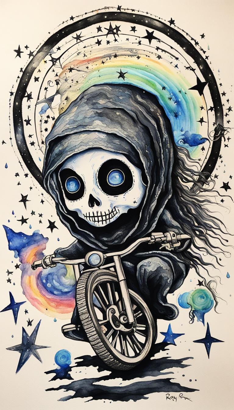 Holy Death, Mama  Muerte riding a  motorcycle  leads the wil...