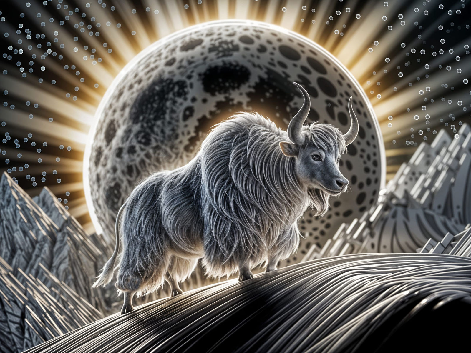 Charming white-snow yak on his way