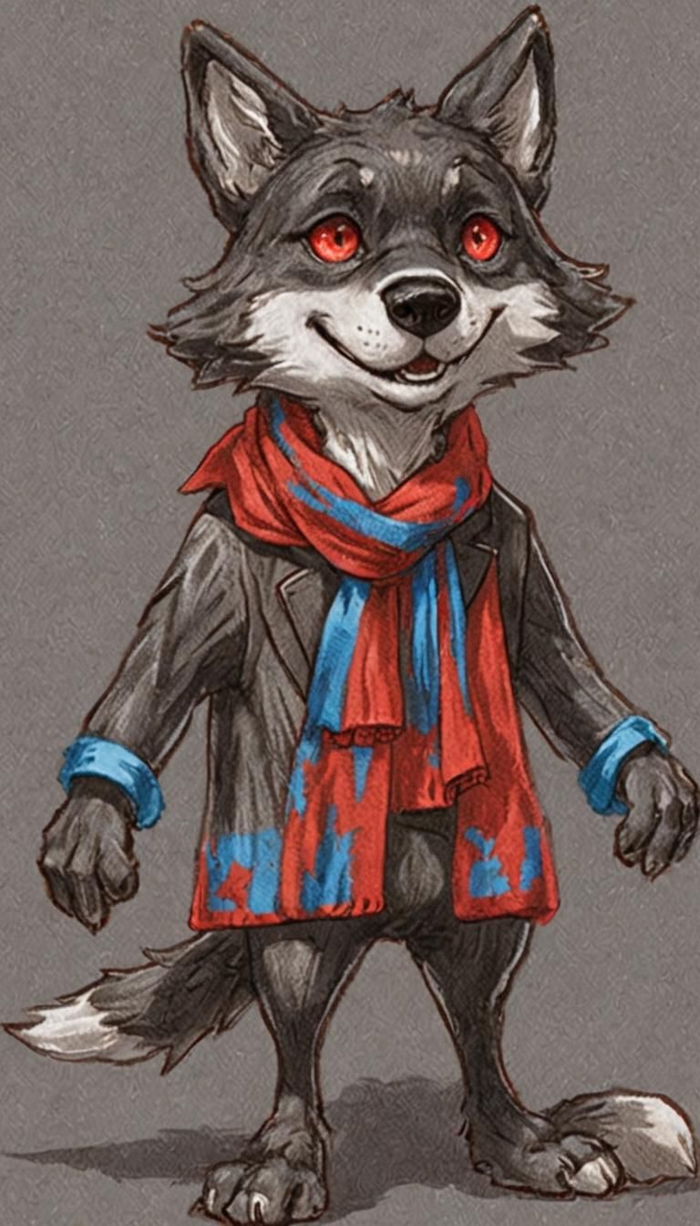 A black anthropomorphic Wolf with blue eyes wearing a red sc...