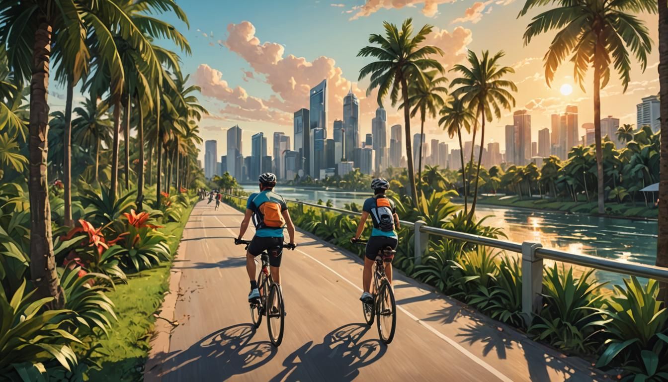 Panoramic shot of a cyclist riding down a bike path running along the edge of a large river with a modern city on the other side. With lots...