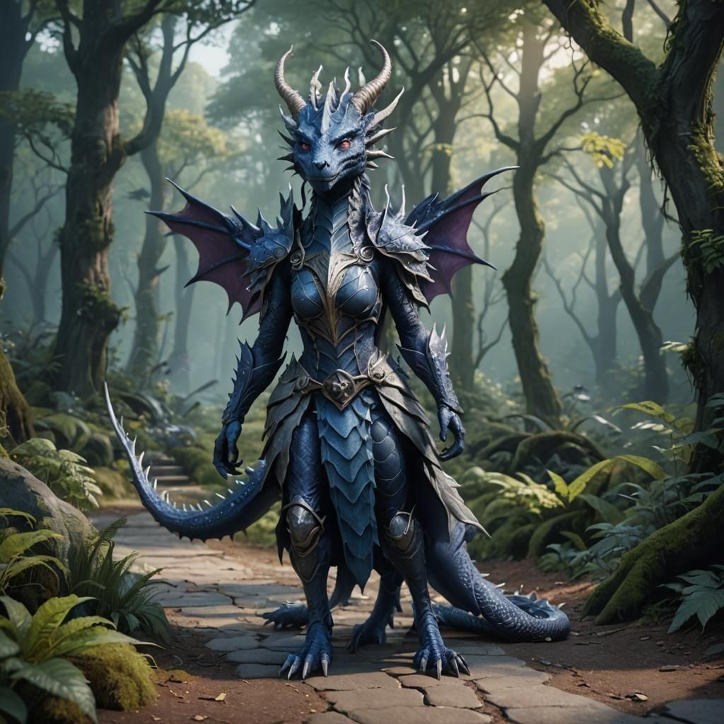 Anthropomorphic Dragoness. Indigo and Grey colored standing on a forest pathway