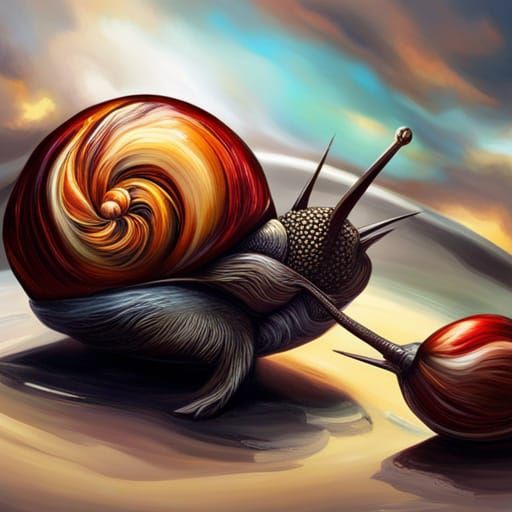 Snails on a table, detailed painting, deep color, fantastica...