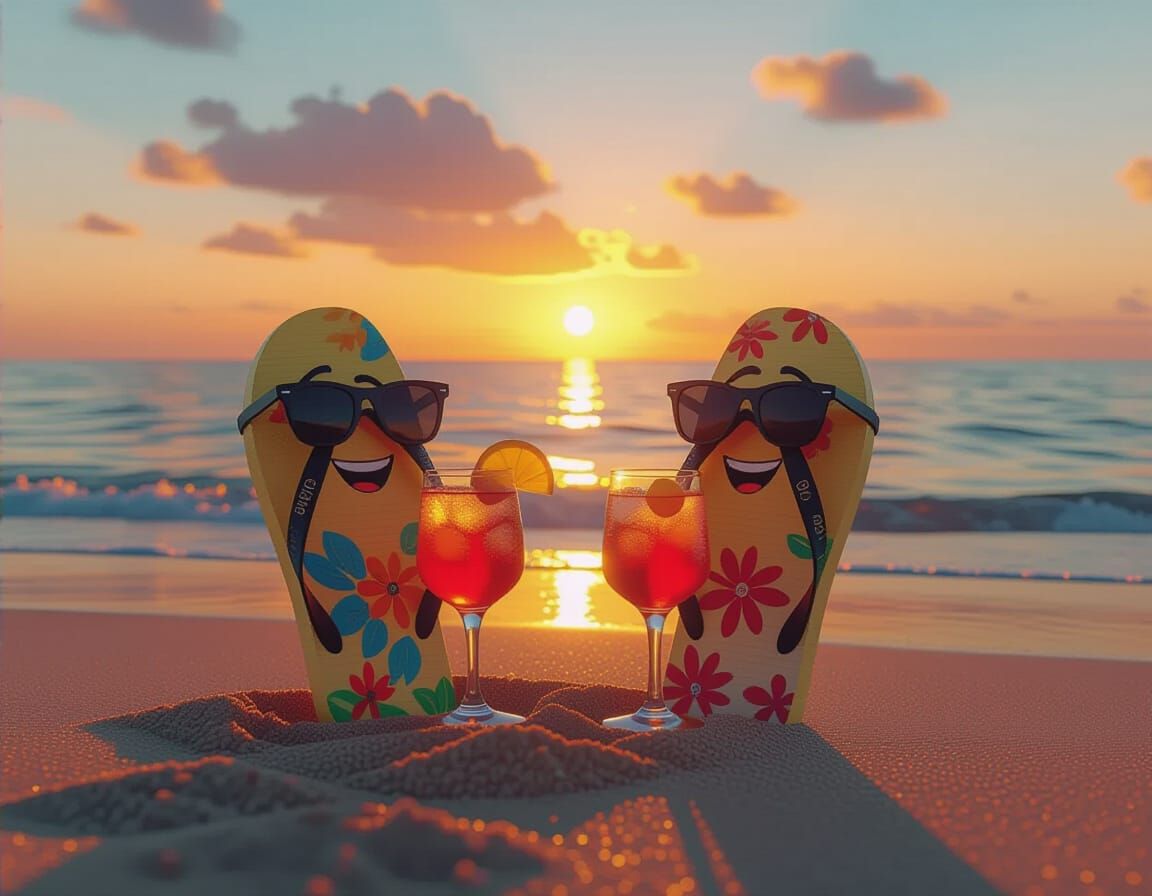A pair of Havaianas flip flops vertically planted in the sand, each with a distinct face expression and wearing black sunglasses, are drinki...
