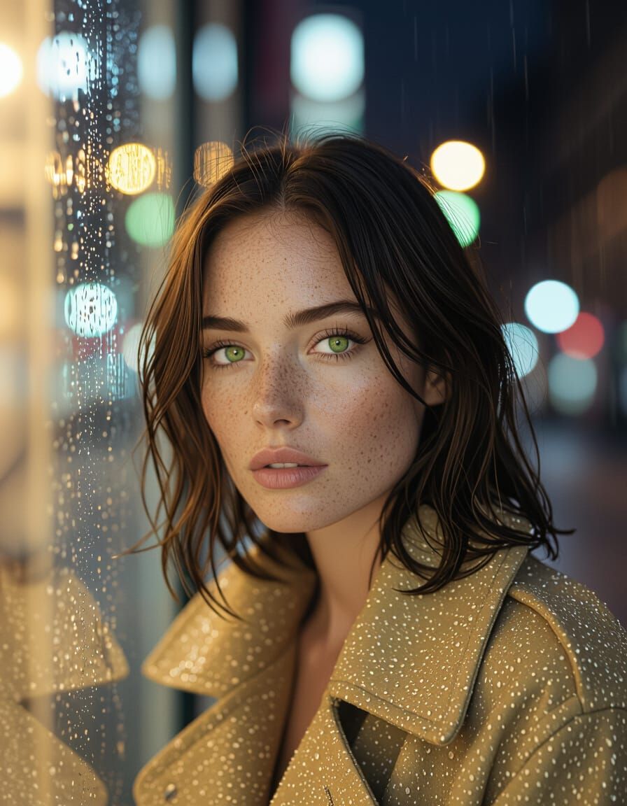 Woman on Rainy City Street at Night, Cinematic Photorealism