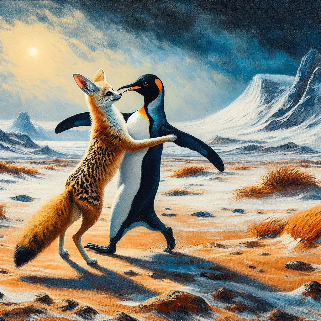 A penguin and a fennec fox dance a waltz.