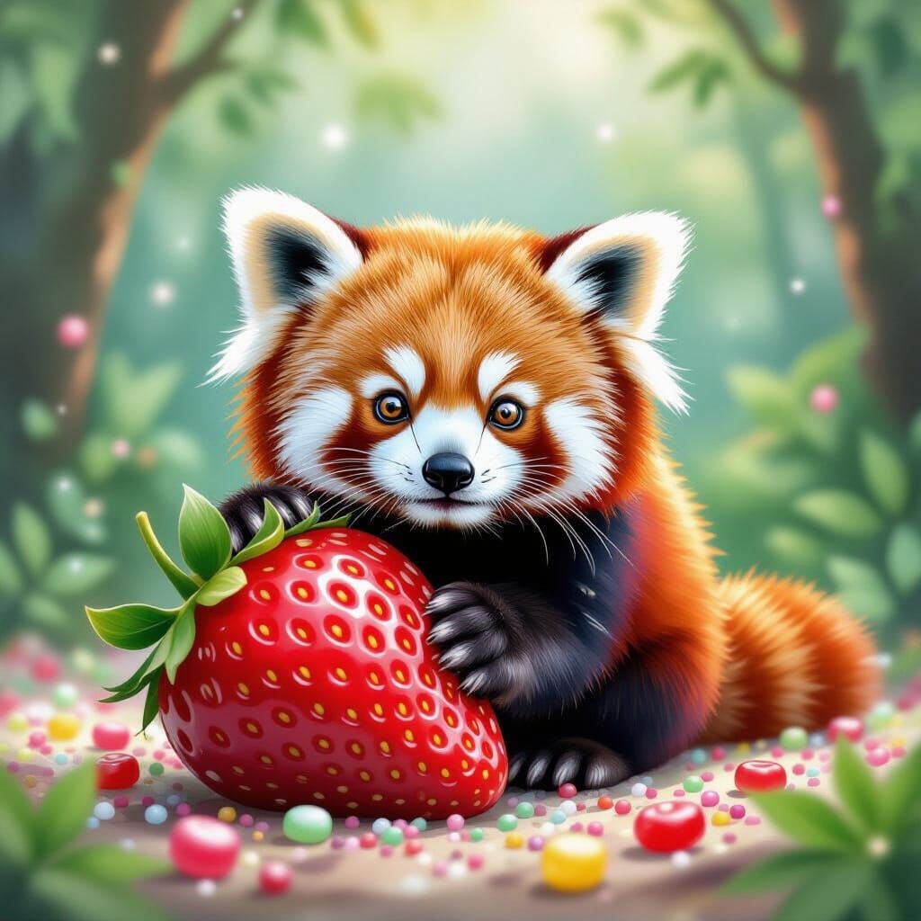 A curious red panda peeking out from behind a giant, dew-kissed strawberry, its fur a vibrant mix of red and white. The background is a soft...