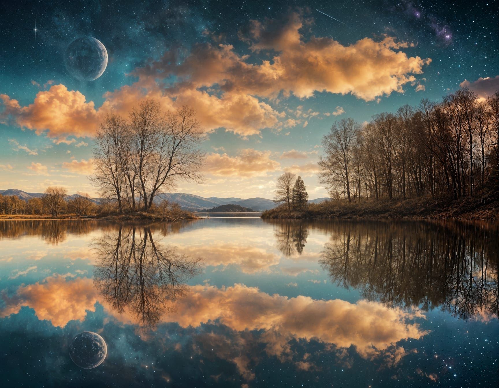 "A surreal landscape of a calm lake reflecting a completely different sky—lit in bright daylight, but the reflection shows a deep starry nig...